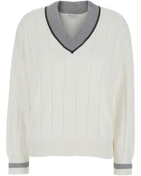 Brunello Cucinelli - T-Shirt With V Neck And Monil Detail On The Collar - Lyst