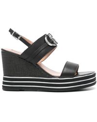 Liu Jo - Leather Wedge Sandals With Logo Plate - Lyst