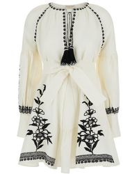 Anjuna - White Mini Dress With Floreal Embroidery And Tassels In Linen Woman - Lyst