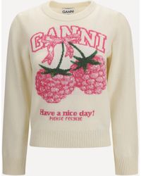 Ganni - Crewneck Sweater With Raspberries Print - Lyst