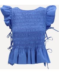 Ganni - Ruched Cotton Top With Side Bows - Lyst