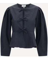 Ganni - Cotton Poplin Blouse With Bows - Lyst