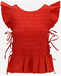 Ganni - Ruched Cotton Top With Side Bows - Lyst