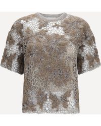 Brunello Cucinelli - Crew-Neck Top With Floral Embroidery And Sequins - Lyst