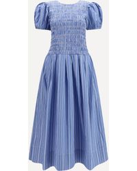Ganni - Striped Cotton Dress With Puff Sleeves - Lyst