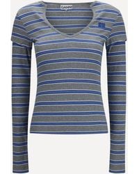 Ganni - Ribbed V-Neck Long-Sleeve T-Shirt - Lyst