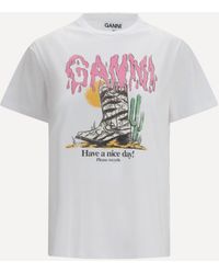 Ganni - Western T-Shirt With Cowboy Boots - Lyst