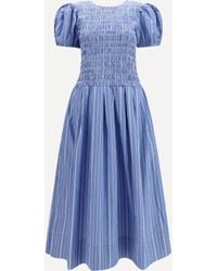 Ganni - Striped Cotton Dress With Puff Sleeves - Lyst