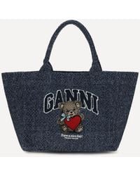 Ganni - Medium Denim Tote Bag With Bear - Lyst