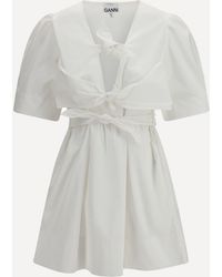 Ganni - Cotton Mini Dress With A Deep V-Neckline And Three Front Tie Bands - Lyst