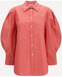 Ganni - Striped Cotton Shirt With Balloon Sleeves - Lyst