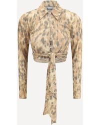 Ganni - Printed Marl Mesh Tie Blouse - Lyst