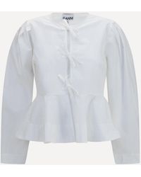 Ganni - Cotton Poplin Blouse With Bows - Lyst