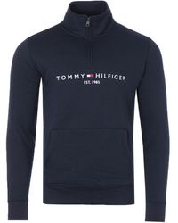 Tommy Hilfiger Logo Organic Cotton Blend Half Zip Sweatshirt - Blue