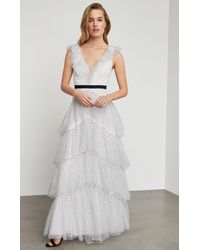 BCBGMAXAZRIA Bcbg Flocked Dot Ruffle Shoulder Gown - White