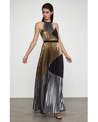 bcbg pleated metallic halter gown