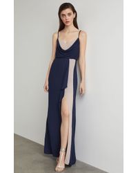 bcbg metallic colorblocked pleated gown