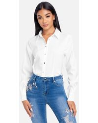 Bebe Hammered Satin Long Sleeve Button Down Blouse - White