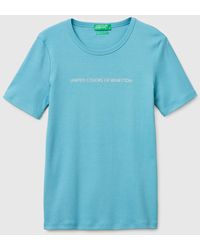 Benetton - Benetton, T-Shirt À Manches Courtes Avec Logo Pailleté, Taille, Bleu Clair, Femme - Lyst