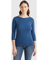 Benetton - Benetton, Camiseta De 100 Algodón Con Escote Barco, Azul Grisáceo, Mujer - Lyst