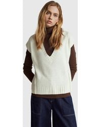 Benetton - Benetton, Chaleco De Cuello En V De Mezcla De Lana, Talla, Blanco Crema, Mujer - Lyst