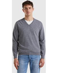 Benetton - Dark Gray V-neck Sweater In Pure Merino Wool - Lyst