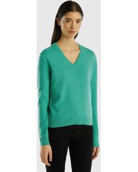 Benetton - Light Green V-neck Sweater In Pure Merino Wool - Lyst