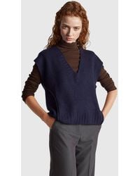 Benetton - Benetton, Chaleco De Cuello En V De Mezcla De Lana, Talla, Azul Oscuro, Mujer - Lyst