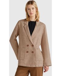 Benetton - Benetton, Chaqueta Cruzada En Mezcla De Lino, Marrón, Mujer - Lyst