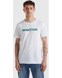 Benetton - White T-shirt In Organic Cotton With Green Logo - Lyst