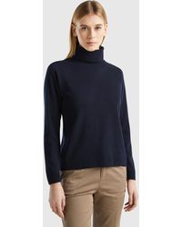Benetton - Dark Blue Turtleneck Sweater In Cashmere And Wool Blend - Lyst