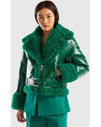 Benetton - Biker Jacket In Imitation Leather And Faux Fur - Lyst