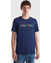 Benetton - Dark Blue T-shirt In Organic Cotton With Multicolored Logo - Lyst