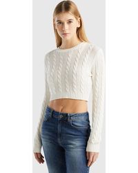 Benetton - Cropped Cable Knit Sweater - Lyst