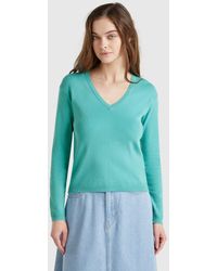 Benetton - Benetton, Pull En Pur Coton À Col En V, Bleu Vert, Femme - Lyst