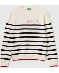 Benetton - Benetton, Pull Rayé Avec Inscription Brodée, Taille, Crème, Femme - Lyst