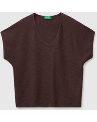 Benetton - Benetton, Pull À Col En V En Lin Mélangé, Taille, Marron, Femme - Lyst