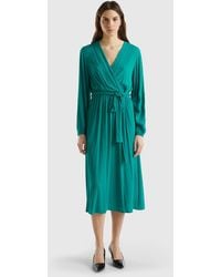 Benetton - Midi Dress With V-neck And Belt - Lyst