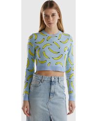 Benetton - Light Blue Cropped Sweater With Banana Pattern - Lyst