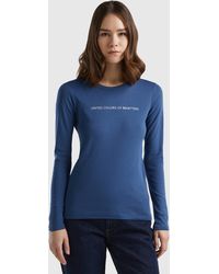 Benetton - T-shirt Bleu Avio À Manches Longues 100 % Coton - Lyst