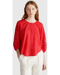 Benetton - Benetton, Bluse Mit Blumenstickerei, Ziegelrot - Lyst