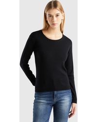 Benetton - Benetton, Pull À Col Rond En Pur Coton, Noir, Femme - Lyst