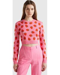 Benetton - Pink Cropped Sweater With Strawberry Pattern - Lyst