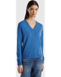Benetton - Blue V-neck Sweater In Pure Merino Wool - Lyst