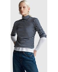 Benetton - Benetton, T-Shirt À Col Roulé Rayé, Taille, Bleu Foncé, Femme - Lyst