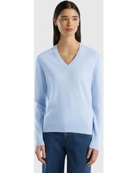 Benetton - Sky Blue V-neck Sweater In Pure Merino Wool - Lyst
