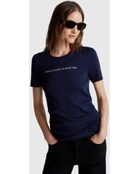 Benetton - Benetton, T-Shirt À Manches Courtes Avec Logo Pailleté, Taille, Bleu Foncé, Femme - Lyst