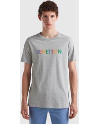 Benetton - Gray T-shirt In Organic Cotton With Multicolored Logo - Lyst