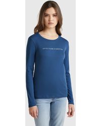 Benetton - Benetton, Camiseta Azul De Manga Larga De 100 Algodón, Azul Grisáceo, Mujer - Lyst