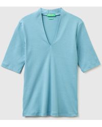 Benetton - Benetton, T-Shirt Slim Fit En Coton À Fibres Longues, Taille, Bleu Horizon, Femme - Lyst